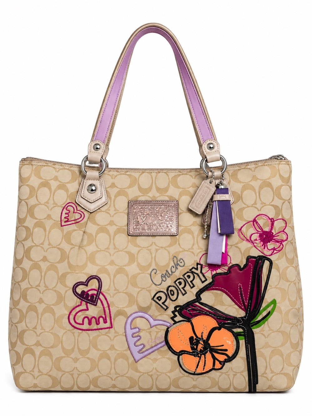 Limited Coach Poppy Signature Tote with Pink, Purple & Orange Floral Accents